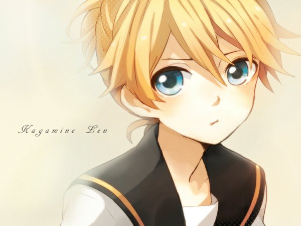 Anime picture 1000x750 with vocaloid kagamine len tama (songe) single looking at viewer blush short hair blue eyes simple background blonde hair inscription character names portrait yellow background boy