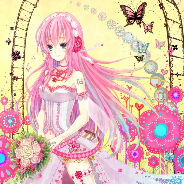 Anime picture 1000x1000 with vocaloid megurine luka anko kinako single long hair blue eyes bare shoulders pink hair girl dress navel flower (flowers) hairband bouquet