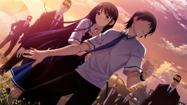 Anime picture 1600x900 with grisaia no kajitsu sakaki yumiko kazami yuuji blush short hair black hair wide image purple eyes looking away game cg purple hair very long hair looking back battle holding arm hiding girl boy uniform school uniform