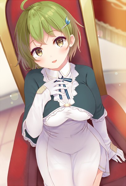 Anime picture 767x1125 with original komone ushio single tall image looking at viewer blush fringe short hair breasts open mouth smile large breasts sitting yellow eyes ahoge indoors head tilt :d green hair from above