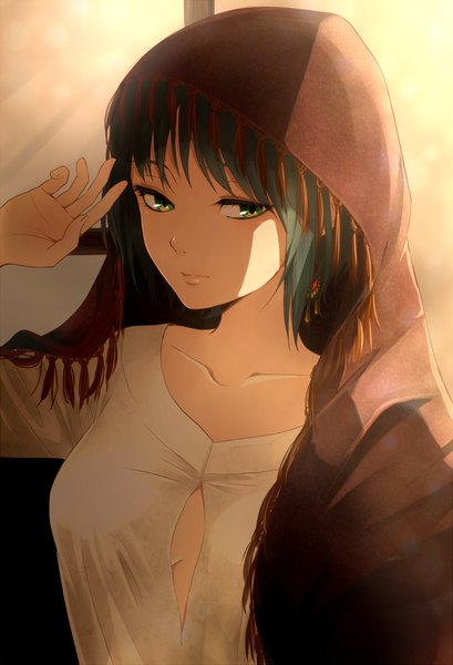 Anime picture 900x1320 with original otton single tall image short hair upper body arm up aqua eyes aqua hair shaded face center opening girl earrings shawl