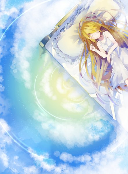 Anime picture 729x992 with original itamidome single long hair tall image fringe blonde hair bare shoulders sky cloud (clouds) lying from above hair over one eye sleeping girl dress pillow bed sundress