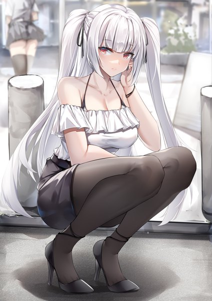Anime picture 2480x3508 with warship girls r essex (warship girls r) lubikaya1 long hair tall image looking at viewer fringe highres breasts light erotic red eyes large breasts bare shoulders multiple girls payot cleavage full body bent knee (knees) outdoors white hair