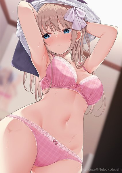 Anime picture 1414x2000 with original nekokobushi single long hair tall image blush fringe breasts blue eyes light erotic blonde hair hair between eyes large breasts standing signed payot looking away upper body indoors head tilt