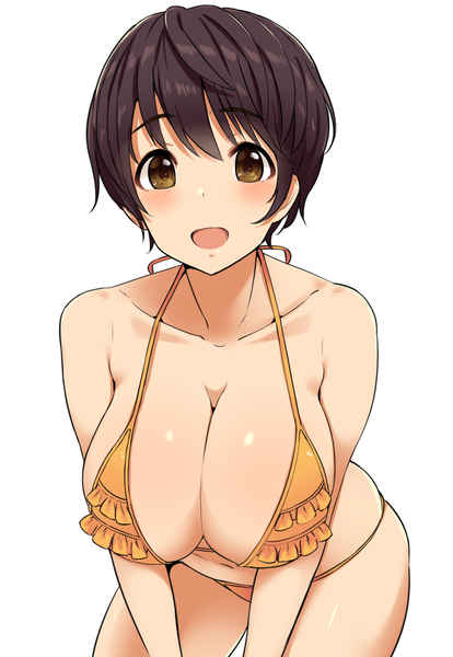 Anime picture 722x1046 with idolmaster idolmaster cinderella girls oikawa shizuku mitsukazu (nijigen complex) single tall image looking at viewer blush fringe short hair breasts open mouth light erotic simple background hair between eyes brown hair large breasts standing white background brown eyes