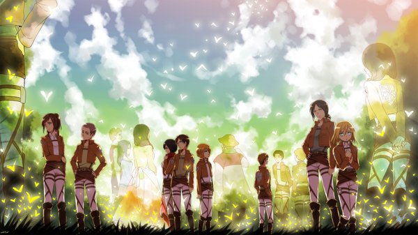 Anime picture 2200x1237 with shingeki no kyojin production i.g mikasa ackerman eren yaeger krista lenz armin arlert sasha blouse ymir (shingeki no kyojin) connie springer carla jaeger moxue qianxi long hair highres short hair blue eyes black hair blonde hair brown hair wide image multiple girls