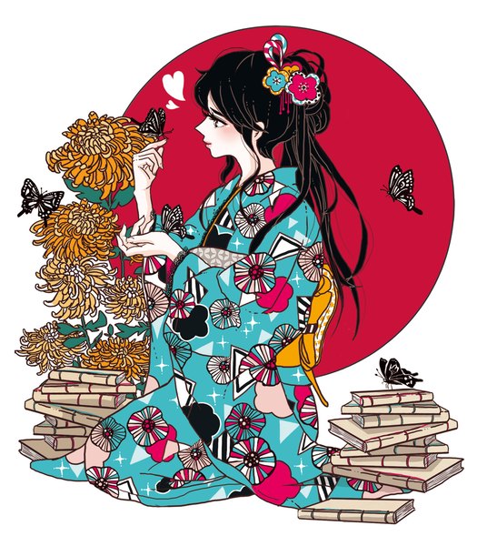 Anime picture 1500x1713 with original mzhbank single long hair tall image black hair simple background smile white background sitting looking away traditional clothes japanese clothes profile lipstick floral print red lipstick makeup seiza girl