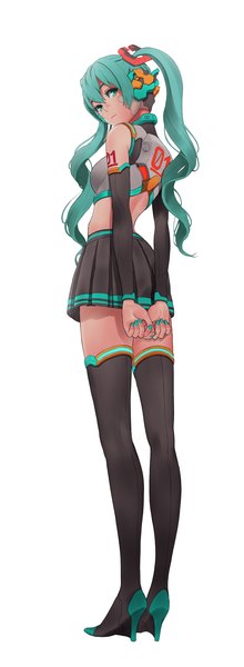 Anime picture 1000x2728 with vocaloid hatsune miku manbou (manvow) single long hair tall image looking at viewer simple background white background twintails bare shoulders nail polish pleated skirt looking back aqua eyes aqua hair hands behind back girl detached sleeves thigh boots