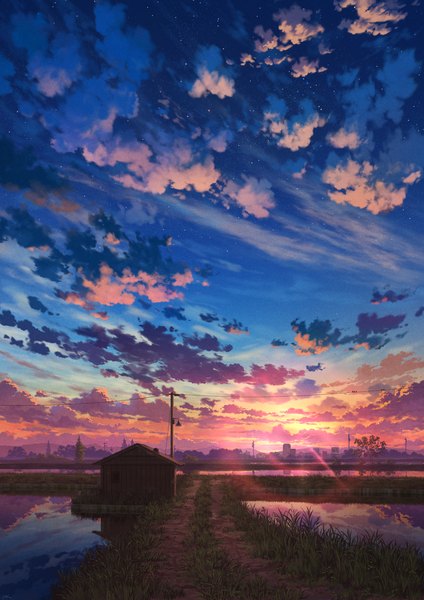 Anime picture 2480x3508 with original pei (sumurai) tall image highres cloud (clouds) outdoors sunlight night night sky city evening reflection sunset horizon cityscape no people scenic field plant (plants) water