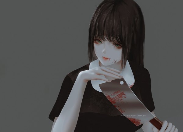 Anime-Bild 1350x972 mit original aoi ogata single long hair fringe black hair simple background holding green eyes looking away upper body arm up light smile lips grey background watermark pale skin blood on face bloody clothes bloody weapon