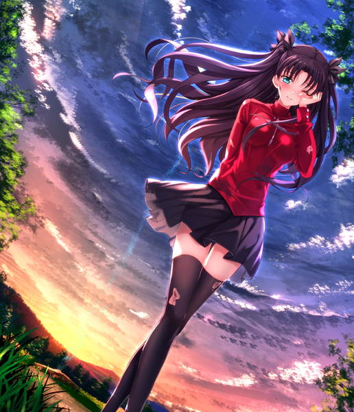 Anime picture 1102x1281 with fate (series) fate/stay night type-moon toosaka rin swordsouls long hair tall image blue eyes black hair sky cloud (clouds) tears girl thighhighs skirt bow black thighhighs plant (plants) hair bow tree (trees)
