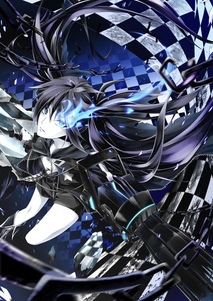 Anime picture 2893x4092 with black rock shooter black rock shooter (character) pkk single long hair tall image highres short hair blue eyes black hair twintails absurdres glowing glowing eye (eyes) checkered floor girl sword thigh boots chain cloak