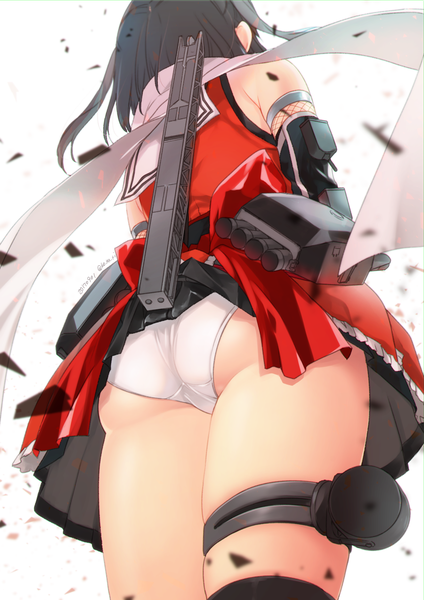 Anime picture 900x1273 with kantai collection sendai light cruiser koruri single tall image short hair light erotic black hair simple background signed ass from below twitter username dated skirt lift girl uniform underwear panties serafuku