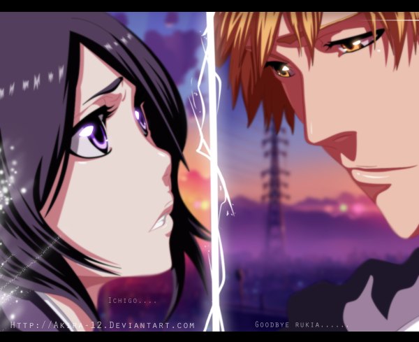 Anime picture 1200x979 with bleach studio pierrot kurosaki ichigo kuchiki rukia akira-12 short hair black hair sky cloud (clouds) pink eyes light smile orange hair inscription orange eyes coloring close-up face manga girl boy