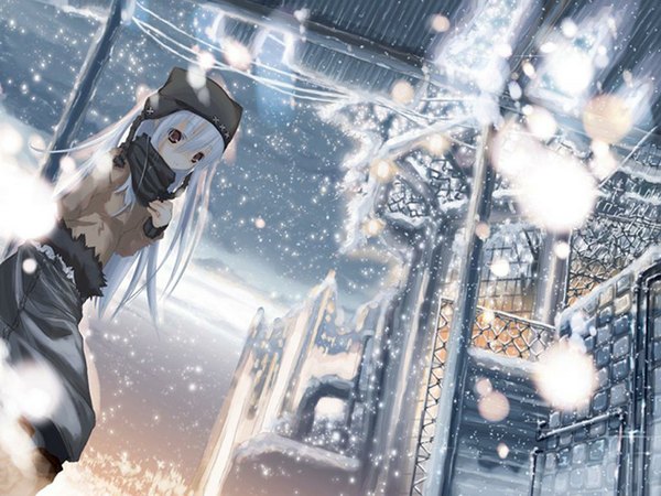 Anime picture 1024x768 with original snowing winter snow jpeg artifacts tagme konatsu karasu