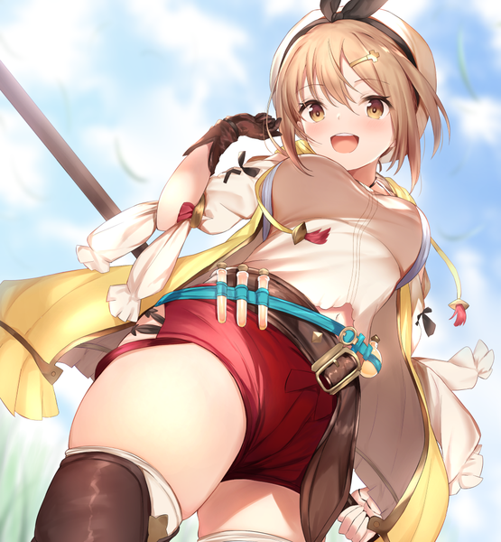 Anime picture 1036x1120 with atelier (series) atelier ryza gust (company) reisalin stout maosame single tall image looking at viewer blush fringe short hair breasts open mouth light erotic smile hair between eyes brown hair standing holding brown eyes