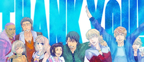 Anime picture 1600x689 with tiger & bunny sunrise (studio) kaburagi t. kotetsu barnaby brooks jr. ivan karelin keith goodman karina lyle pao-lin huang antonio lopez nathan seymour kaburagi kaede long hair fringe short hair open mouth blonde hair smile brown hair wide image multiple girls