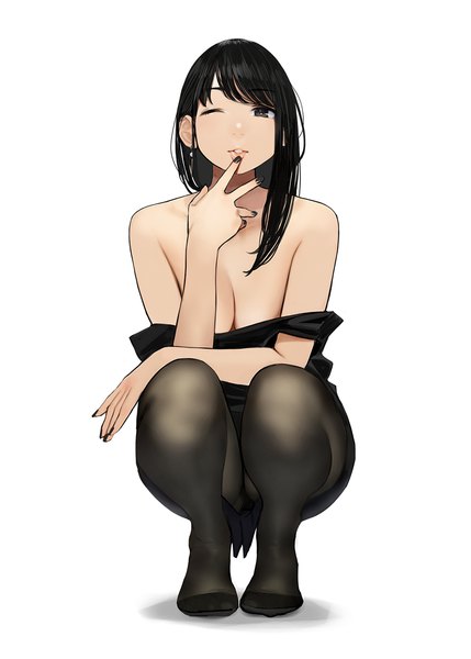 Anime picture 930x1300 with original yomu (sgt epper) single long hair tall image looking at viewer fringe breasts light erotic black hair simple background large breasts white background bare shoulders brown eyes cleavage full body bent knee (knees) nail polish parted lips