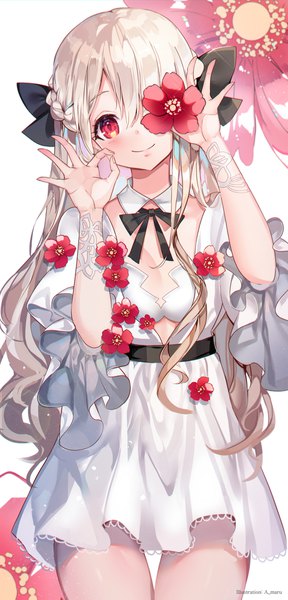 Anime picture 1000x2077 with original unity (ekvmsp02) single long hair tall image looking at viewer blush fringe breasts simple background blonde hair smile hair between eyes red eyes white background signed cleavage braid (braids) head tilt arms up