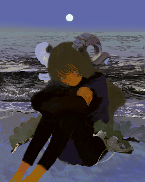 Anime picture 901x1127 with original azigashimitoru single long hair tall image brown hair sitting brown eyes looking away outdoors horn (horns) night girl plant (plants) sea moon full moon lotus