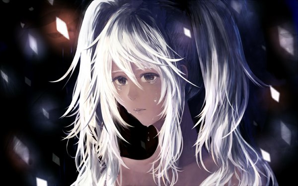 Anime picture 1152x720 with vocaloid hatsune miku bounin single long hair blush wide image twintails bare shoulders looking away silver hair nude black eyes portrait face crying sad girl hair ornament