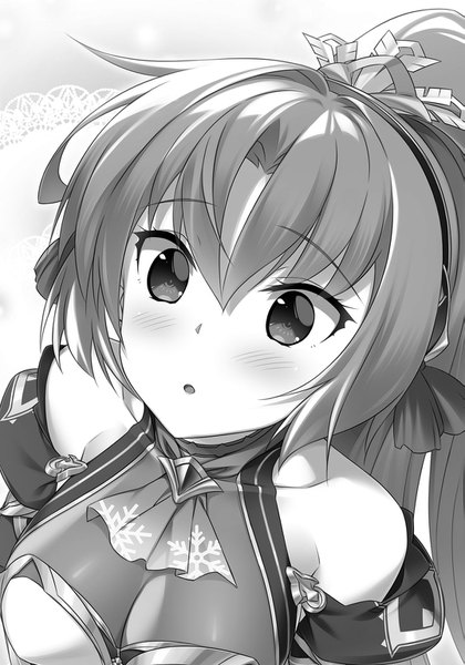 Anime picture 1075x1536 with madan no ou to vanadis madan no ou to michelia ludmila lourie miyatsuki itsuka single long hair tall image blush fringe breasts open mouth hair between eyes large breasts bare shoulders ponytail from above official art :o monochrome looking up