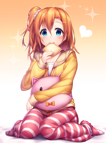 Anime picture 1074x1448 with love live! school idol project sunrise (studio) love live! kousaka honoka kyouou ena single tall image looking at viewer blush fringe short hair blue eyes hair between eyes sitting orange hair one side up gradient background wariza eating girl