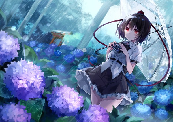 Anime picture 1600x1131 with touhou shameimaru aya kisaragi yuri single blush fringe short hair black hair hair between eyes red eyes standing holding outdoors dutch angle puffy sleeves thighs looking down rain nature transparent umbrella