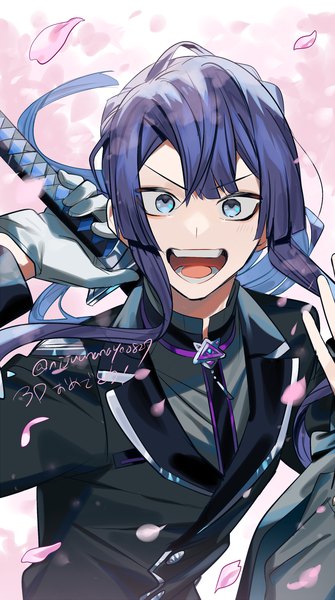 Anime picture 1000x1793 with virtual youtuber nijisanji nagao kei miyukiyo single long hair tall image looking at viewer fringe open mouth blue eyes signed blue hair upper body :d twitter username boy gloves weapon petals