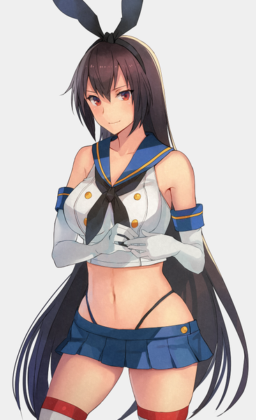 Anime picture 612x1000 with kantai collection shimakaze destroyer nagato battleship kasumi (skchkko) single long hair tall image looking at viewer blush fringe breasts light erotic black hair simple background smile hair between eyes red eyes standing bare shoulders payot