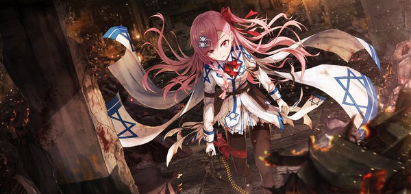 Anime picture 2100x992 with girls frontline negev (girls' frontline) bae.c single long hair looking at viewer fringe highres hair between eyes wide image standing holding pink hair outdoors braid (braids) pink eyes wind torn clothes side braid bloody clothes