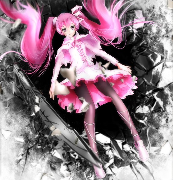 Anime picture 980x1024 with akame ga kill! white fox mine (akame ga kill!) rk (lyl010) single long hair tall image fringe smile twintails looking away pink hair from above falling girl hair ornament weapon pantyhose frills gun