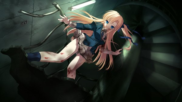 Anime picture 1280x720 with root double sannomiya louise yui long hair blue eyes blonde hair wide image game cg one side up girl uniform ribbon (ribbons) hair ribbon school uniform blood