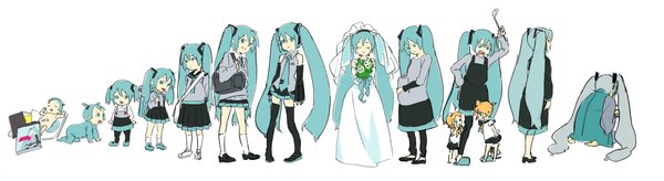 Anime picture 1872x514 with vocaloid hatsune miku kagamine rin kagamine len tagme (artist) simple background wide image white background twintails bare shoulders aqua eyes grey hair aqua hair short twintails multiple persona time paradox old woman age progression girl thighhighs