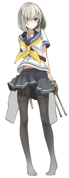 Anime picture 399x1015 with kantai collection hamakaze destroyer miruto netsuki single tall image looking at viewer fringe short hair blue eyes light erotic simple background white background pleated skirt grey hair hair over one eye pantyshot no shoes girl skirt gloves