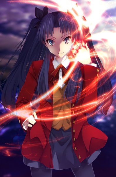 Anime picture 986x1500 with fate (series) fate/stay night type-moon toosaka rin 2mota single long hair tall image looking at viewer blue eyes black hair smile twintails magic girl skirt uniform ribbon (ribbons) hair ribbon school uniform