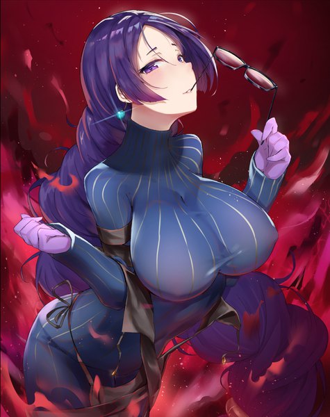 Anime picture 1219x1539 with fate (series) fate/grand order yu mei-ren (fate) minamoto no raikou (fate) kakumayu single tall image looking at viewer blush fringe breasts light erotic hair between eyes large breasts purple eyes holding payot purple hair braid (braids) long sleeves