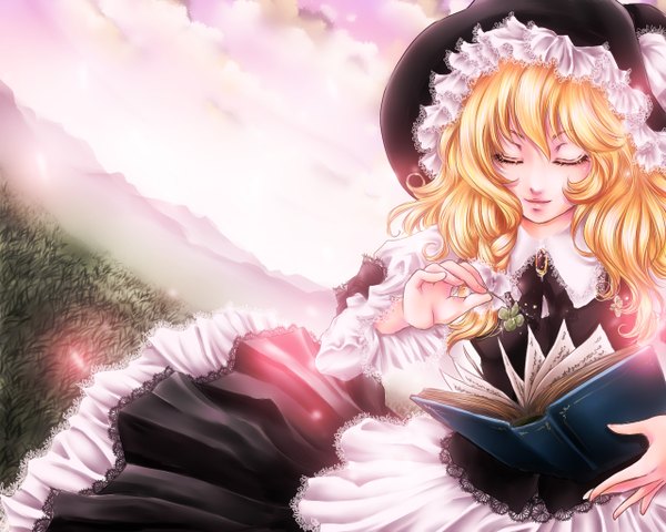 Anime picture 1280x1024 with touhou kirisame marisa hizo (repapp) single long hair blonde hair eyes closed girl dress book (books) witch hat