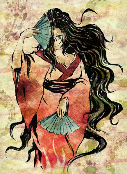 Anime picture 700x960 with nurarihyon no mago kejourou (nurarihyon) nisikawa single tall image looking at viewer fringe breasts black hair large breasts green eyes cleavage ponytail very long hair traditional clothes japanese clothes light smile hair over one eye dancing girl