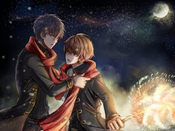 Anime picture 2400x1800 with gintama sunrise (studio) hijikata toshiro okita sougo looking at viewer highres short hair open mouth blue eyes red eyes brown hair night multiple boys sparkle snowing fireworks shared scarf boy scarf moon