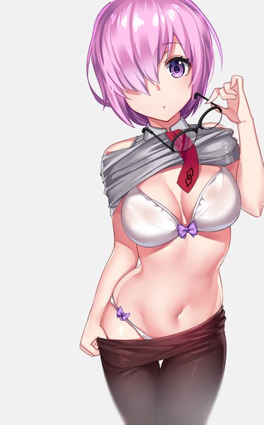 Anime picture 622x1000 with fate (series) fate/grand order mash kyrielight gendo0032 single tall image looking at viewer fringe short hair breasts light erotic simple background large breasts standing purple eyes holding signed pink hair parted lips hair over one eye