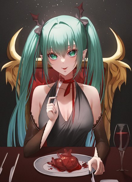 Anime picture 1500x2062 with vocaloid hatsune miku ame 816 single long hair tall image looking at viewer fringe breasts simple background smile hair between eyes sitting twintails bare shoulders holding payot upper body nail polish aqua eyes