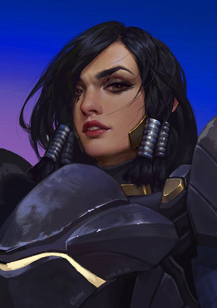 イラスト 566x800 と オーバーウォッチ blizzard entertainment pharah (overwatch) c home ソロ 長身像 カメラ目線 短い髪 黒髪 simple background 茶目 parted lips realistic from below gradient background portrait makeup 女の子 鎧 hair tubes