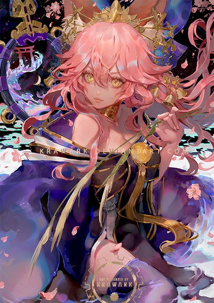 Anime picture 566x800 with fate (series) fate/grand order tamamo (fate) (all) tamamo no mae (fate) renos single long hair tall image fringe hair between eyes animal ears yellow eyes looking away pink hair cleavage lips fox ears partially submerged cherry blossoms girl