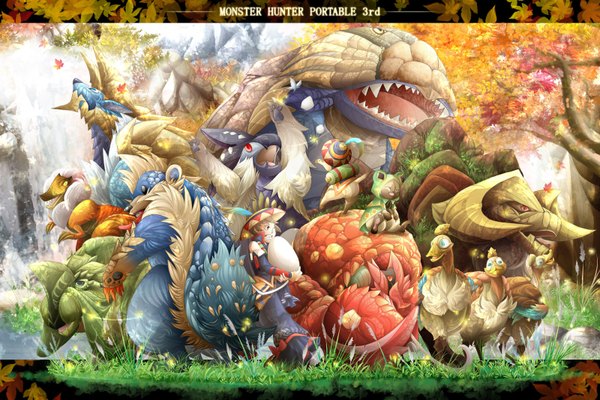 Anime picture 1600x1067 with monster hunter teeth group sharp teeth plant (plants) hat animal tree (trees) grass monster egg