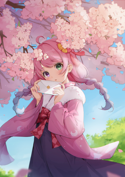 Anime picture 1414x2000 with virtual youtuber hololive himemori luna himemori luna (new year) shyi single long hair tall image looking at viewer blush fringe open mouth standing purple eyes holding green eyes payot pink hair sky ahoge