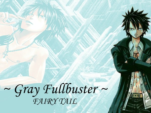 Anime picture 1024x768 with fairy tail gray fullbuster single looking at viewer fringe short hair black hair hair between eyes black eyes open jacket open shirt copyright name character names crossed arms boy navel shirt jacket belt white shirt