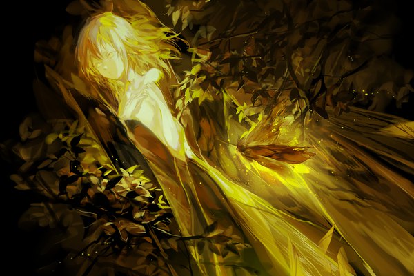 Аниме картинка 3000x2000 с оригинальное изображение cui (jidanhaidaitang) один (одна) длинные волосы смотрит на зрителя чёлка высокое разрешение светлые волосы волосы между глазами стоя жёлтые глаза девушка растение (растения) ветка