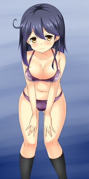 Anime picture 500x1000 with kantai collection ushio destroyer kuragari myon single tall image looking at viewer blush fringe short hair breasts light erotic standing brown eyes blue hair bent knee (knees) light smile legs underwear only girl navel