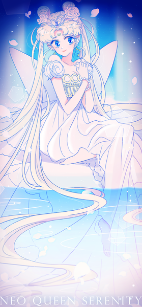 Anime picture 699x1500 with bishoujo senshi sailor moon toei animation tsukino usagi neo queen serenity yonji single tall image blue eyes blonde hair smile sitting twintails bent knee (knees) very long hair barefoot hair flower hair bun (hair buns) facial mark crossed arms soaking feet